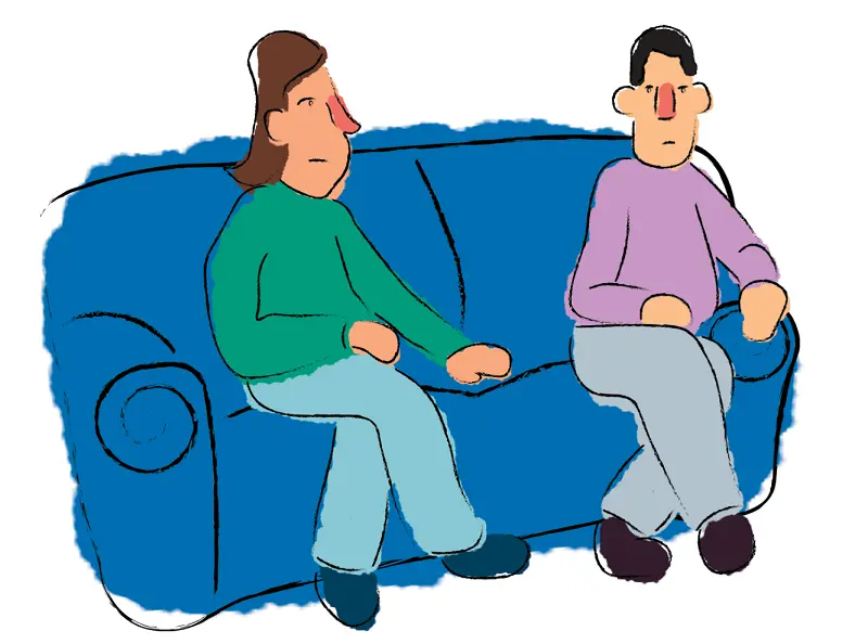 cartoon image of man and woman sitting on a couch